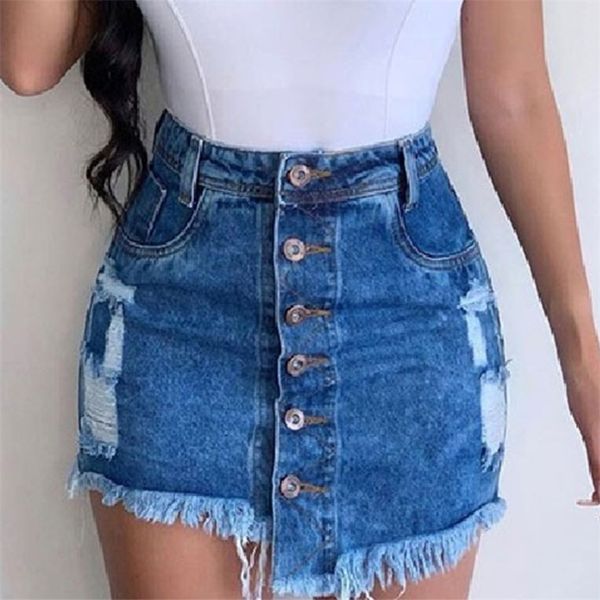

denim short skirt women fringed buttons frayed irregular holes mini skirts female autumn summer bodycon ladies bottoms 210315, Black