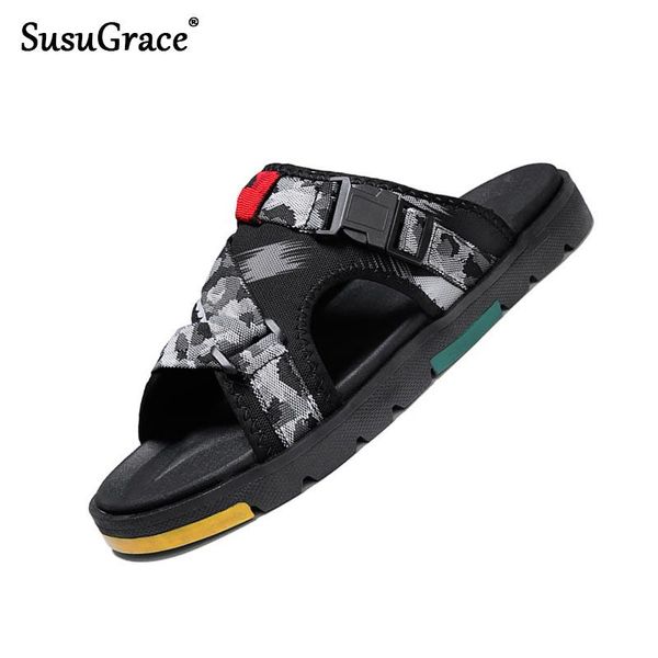

slippers susugrace 2021 summer men casual flat fashion slides outdoor light beach flip-flops all match zapatos de hombre, Black