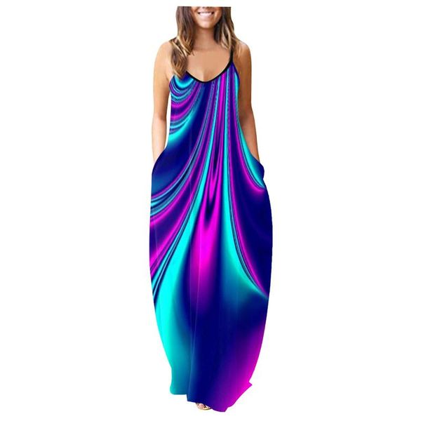 

casual dresses maxi dress women gradient summer sleeveless plain print beach long vestidos mujer verano 2021 largos, Black;gray