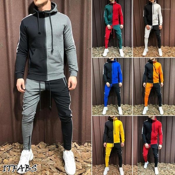 

men's hoodies & sweatshirts tracksuit jogger sets sportswear mens hoodie gym zip drawstring pocket patchwork splicing slim fit racksuit, Black