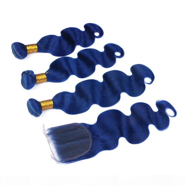 

malaysian dark blue virgin hair wefts with lace front closure 4x4 body wave pure blue 100 human hair weave bundles with closure, Black;brown