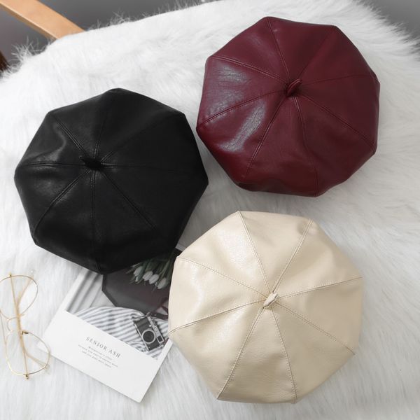 

hat autumn and winter new leather beret female version bud versatile lovely octagonal painter hat, Yellow