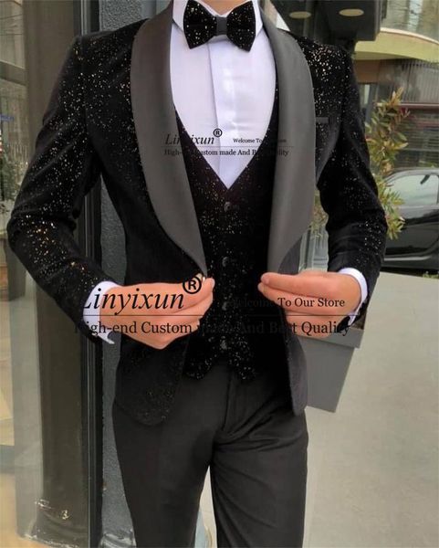 

men's suits & blazers shinny black sequined men for wedding 3 pieces glitter groom wear tuxedos fashion male party prom blazer costume, White;black