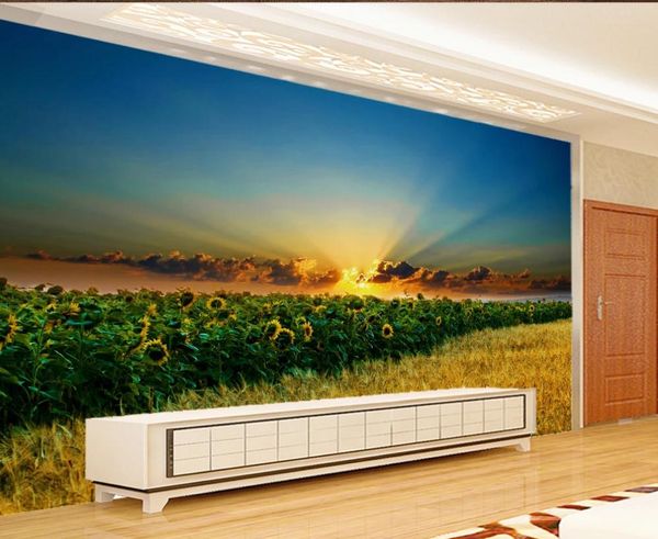 Girassóis bonitos das papéis de parede das paisagens e campos de trigo na parede do fundo da pintura de óleo pastoral do por do sol