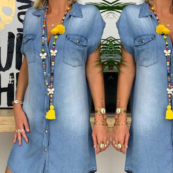 

z20 jeans women summer dress short sleeve solid denim sundress turn down collar mini party ol dress lady, Black;gray