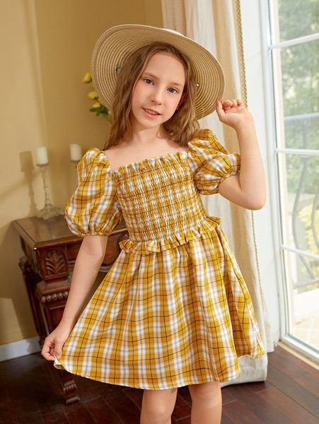 

girls square neck tartan print shirred ruffle detail puff sleeve dress she, Red;yellow