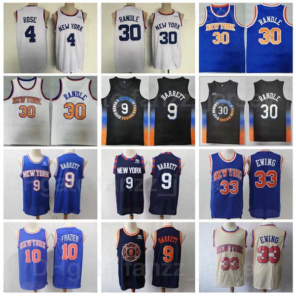 

men basketball rj barrett jersey 9 derrick rose 4 julius randle 30 vintage patrick ewing 33 retro blue beige black white team away for sport, Black;red