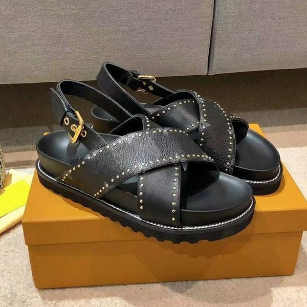 

sandals 2021 summer desigenr genuine leather woman flat casual outdoor female women, Black