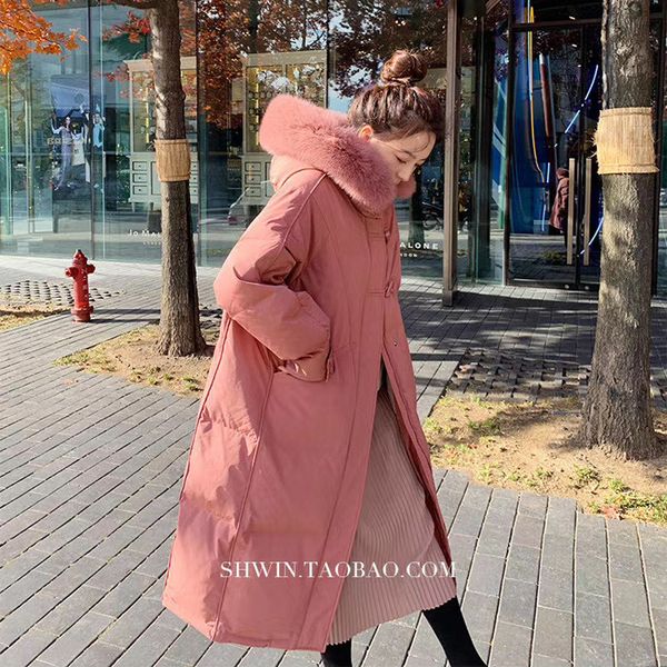 

net red same down middle long 2021 style big hair collar ox horn button over the knee women's thickened et fashion, Black