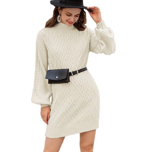 

casual dresses medium length sweater women's 2021 autumn winter pullover half high neck solid color loose lantern sleeve knitted dress, Black;gray