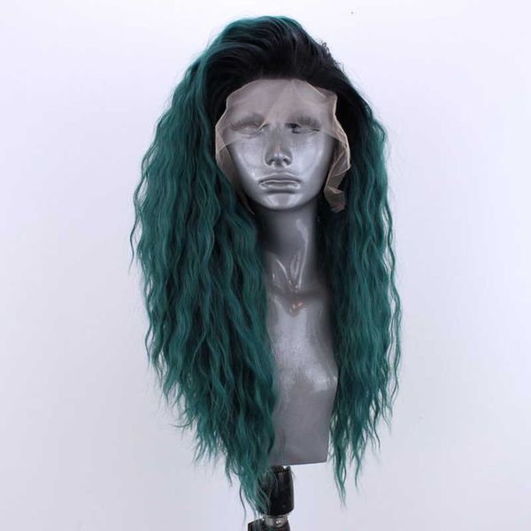 

fashion ombre green brazilian lace front wig long natural water wave heat ristant hair synthetic wigs, Black