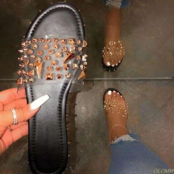 

2021 women summer sandals rivet punk women's flats shoes ankle strap female cool girls buckle transparent bling ladies slippers, Black