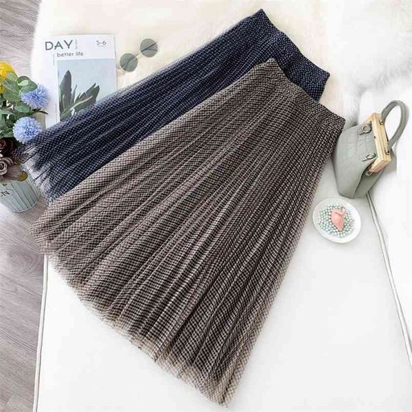 

autumn & winter high waisted slim simple plaid retro pommel skirt a-line large swing women pleated skire 210527, Black