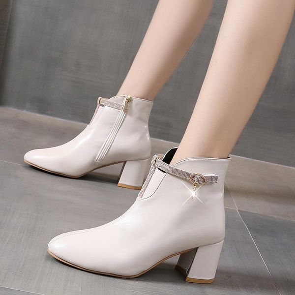 

boots white black thick high heel ankle women 2021 pointed toe keep warm elegant short booties ladies buckle decoration
