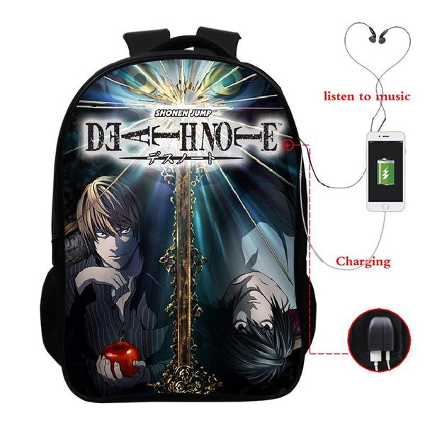 

backpack fashion death note backpacks boy girl book bag beautiful usb charge mochila kids student schoolbag teens travel
