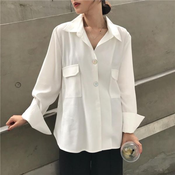 

herstory 2021 women solid office lady turn-down collar button full spring new blusas mujer de moda simple blouses, White