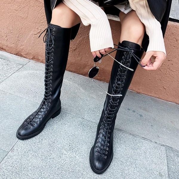 

leather knight back zipper 2021 bandage high women's long boots, Black