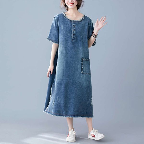 

2021large women's 2021 summer new korean pullover a-line skirt short sleeve casual denim dress medium length, Blue