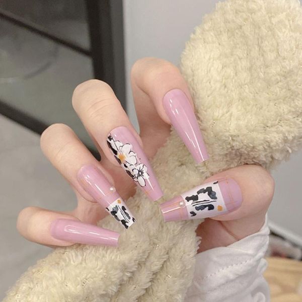 

false nails 24pcs/set european ballerina floral long coffin fake full nail tips artificial finger, Red;gold