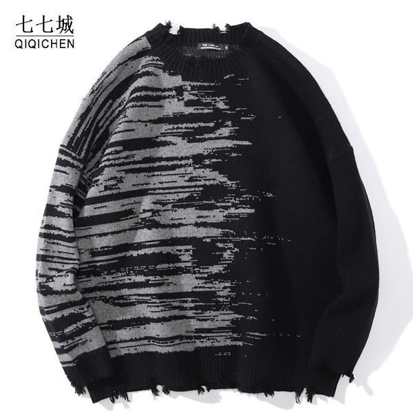 

men's sweaters harajuku sweater men destroyed hip hop streetwear patchwork print knitted jumper 2021 pullover loose knitwear, White;black