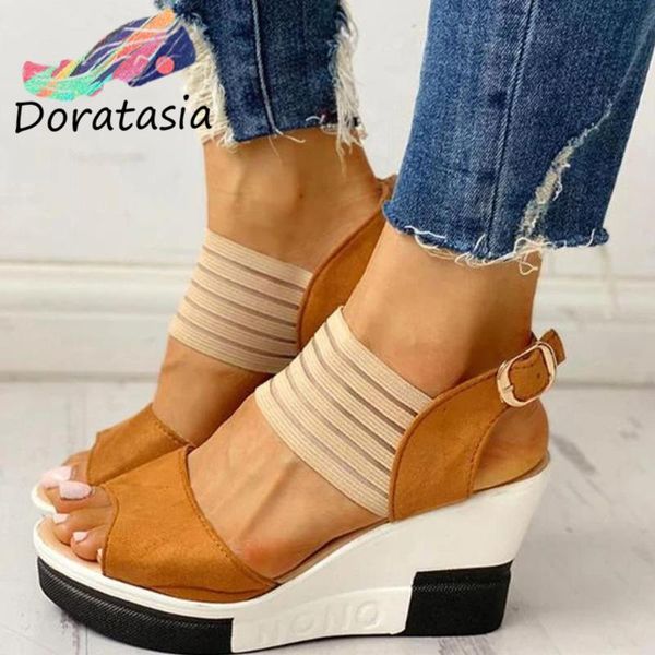 

sandals doratasia ins women solid buckle high wedges open toe shoes casual concise comfy, Black