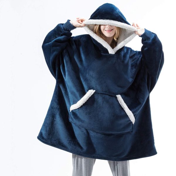 

2021 new oversized hoodies blanket solid color thicken fleece sweatshirt hooded women large pocket giant flannel hoodie for winter s8tt, Black
