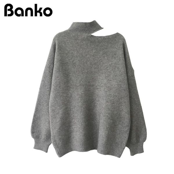 

grey pullover sweaters for women fashion knitted shoulder split design long sleeve loose 2021 winter turtleneck sweater, White;black