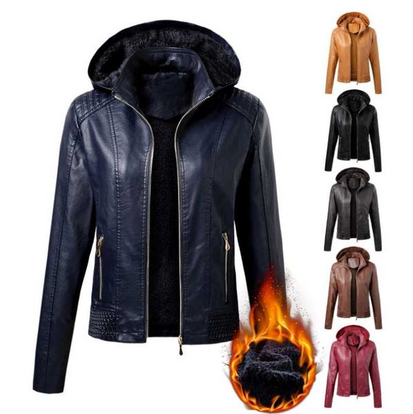 

women's leather & faux 2021 arrival autumn winter pu coat women fashion hooded collar velvet keep warm short jacket, Black