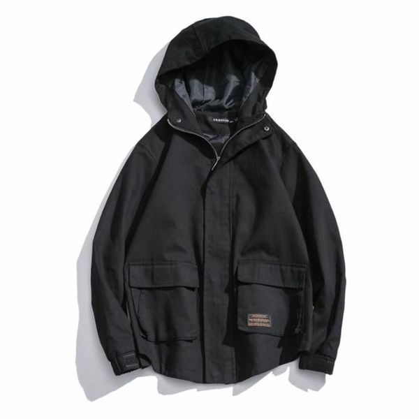

men's jackets 2021 spring and autumn jacket casual hooded cotton with big pockets solid color for men coat, Black;brown