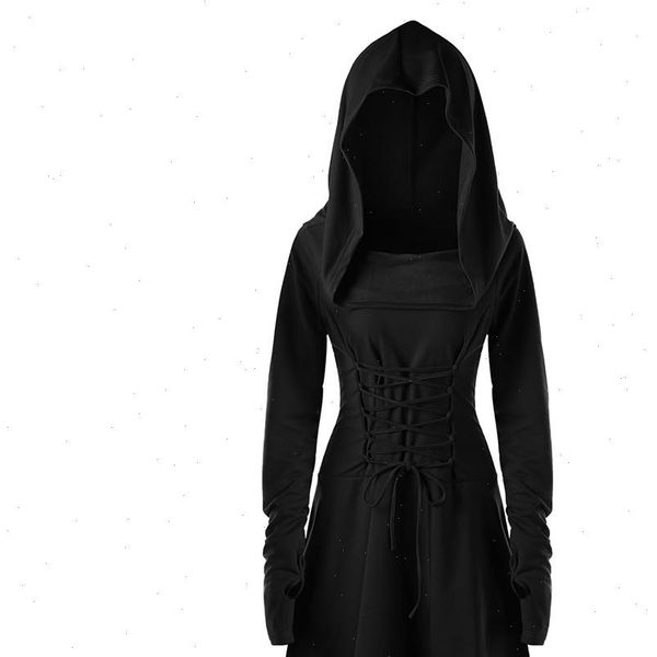 

dress women autumn costumes lace up gothic dress hooded vintage pullover high low bandage long dress vestido t3g, Black;gray