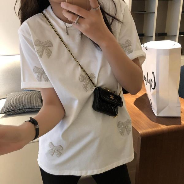 

women's t-shirt ladies brand pearl diamond bow short-sleeved shirt, White