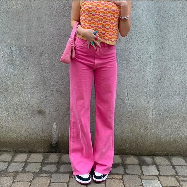 

new jeans women 2021 womens fashion street shooting candy color high waist casual straight-leg pants wide leg pants for women, Black;white