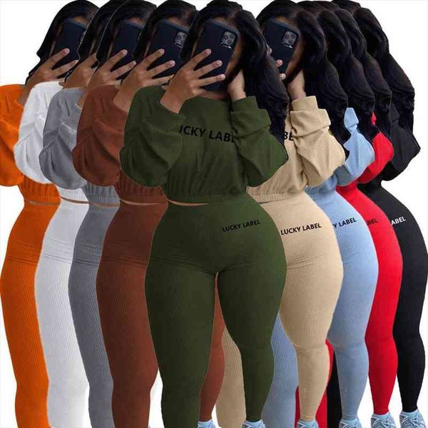 

activewear lucky label embroidery ribbed womens set sweater legging pant set tracksuit fitness two piece outfits, White