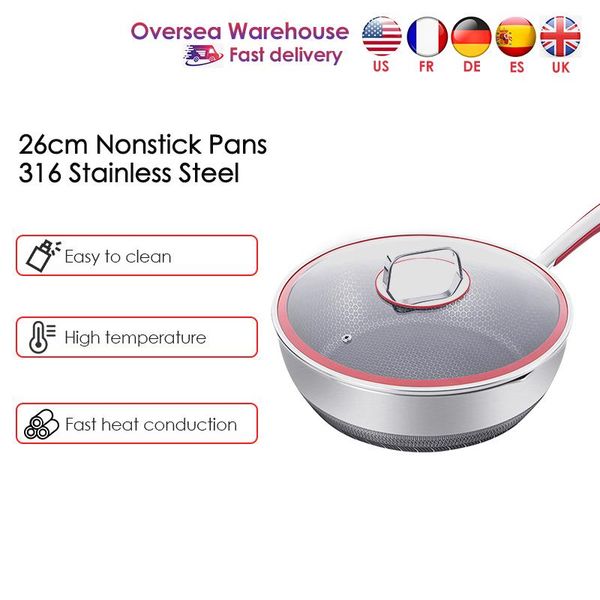 

pans 26cm nonstick 316 stainless steel frying pan with lid wok cooking pots for gas induction cooker utensils kitchen