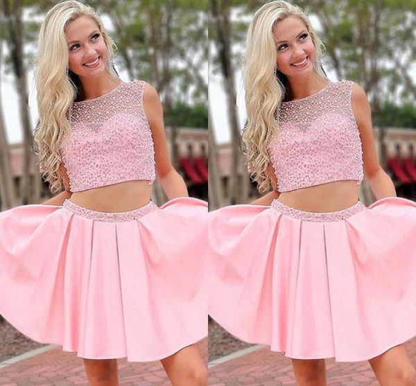 

2022 cute pink homecoming dresses 2 pieces hard-working beaded boat neckline sheer cap sleeves a-line gradaution prom party dress girls, Blue;pink