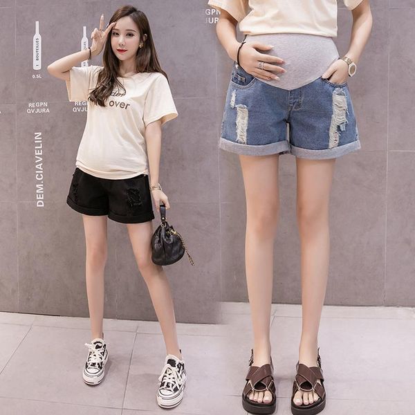 

summer casual denim maternity shorts elastic waist belly short jeans for pregnant women ripped hole loose pregnancy, White