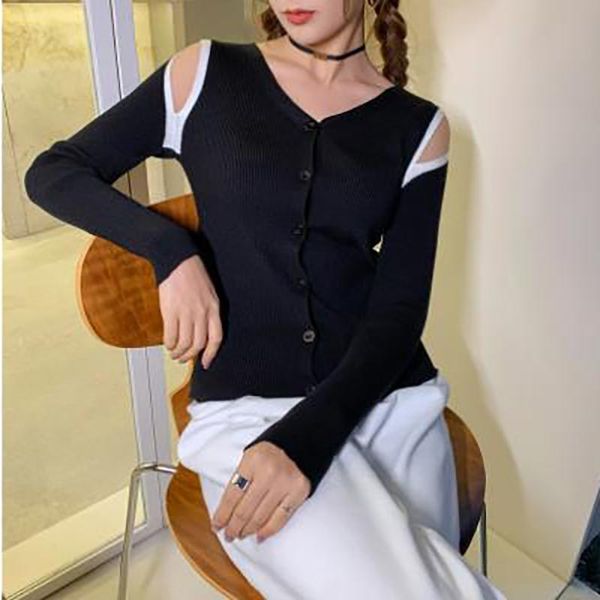 

2021 women's knits tees yitimoky cardigan sweater women autumn t-shirts hollow out off shoulder button up slim comfortable, White