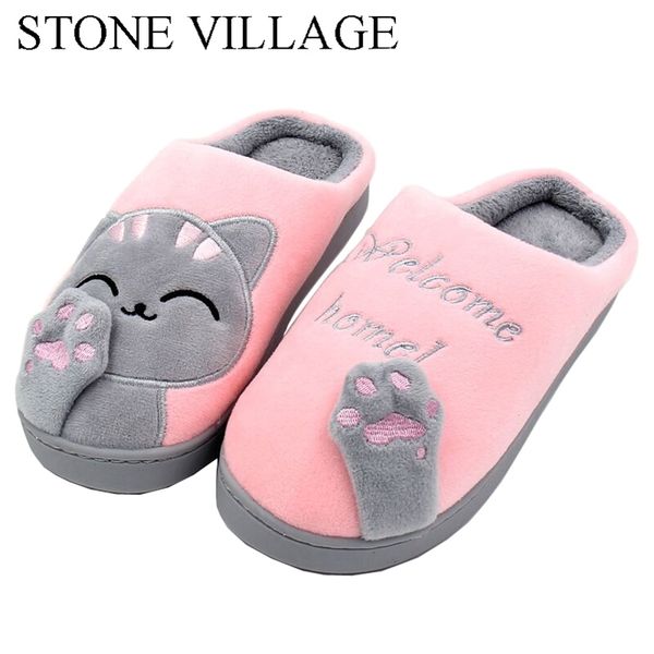 

cat animal prints cute home slippers short plush warm soft cotton women loves floor indoor shoes large size 45 210914, Black
