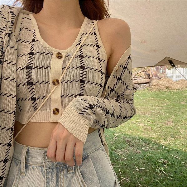 

women's knits & tees recommend 2 pieces set plaid cardigan women knitted + camisole girl jersey mujer pull femme, White