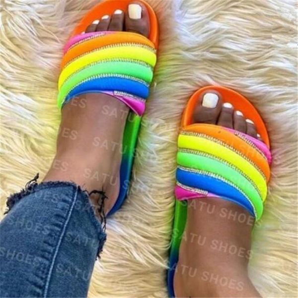 

slippers 2021 summer mixed colors rainbow rhinestones non-slip women's fashion soft comfortable open toed casual slides, Black