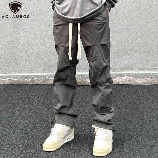 Aolamegs Pantaloni Uomo Pieghe Design Hip Hop Cargo Tattico Pantaloni Larghi Dritti Gamba Regolabile Apertura Harajuku Retro Streetwear 0124