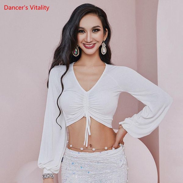 

belly dance v-neck shirt temperament long sleeve practice clothes female elegant performance clothing winter, Black;red