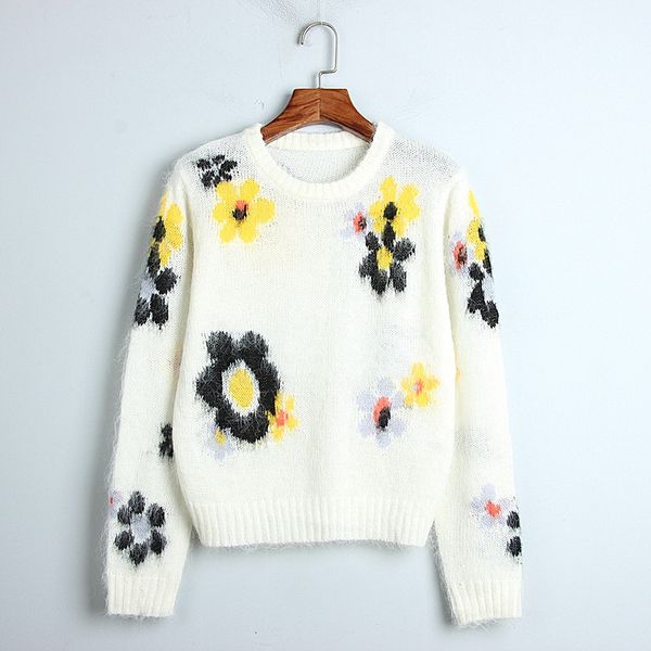 

women's sweaters fall mohair sweater runway pullovers women round neck full floral jacquard thin ladies jumper autumn knitted, White;black