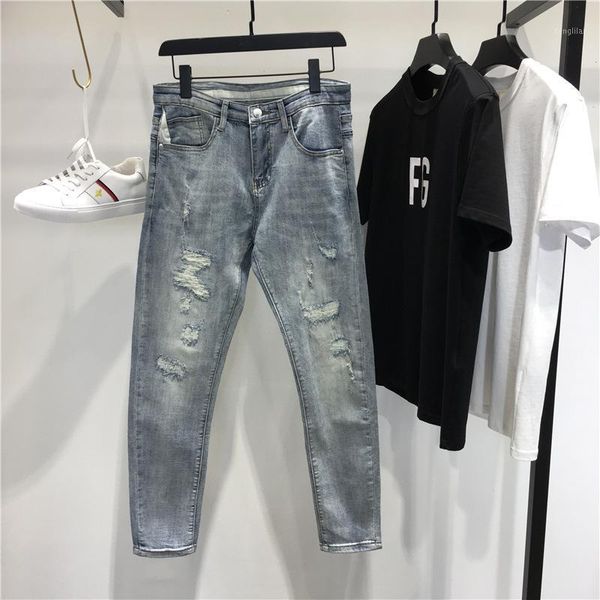Calças masculinas s1101 sul coreia dongdamen 2021 jeans de verão grande buraco tendência elástica magro