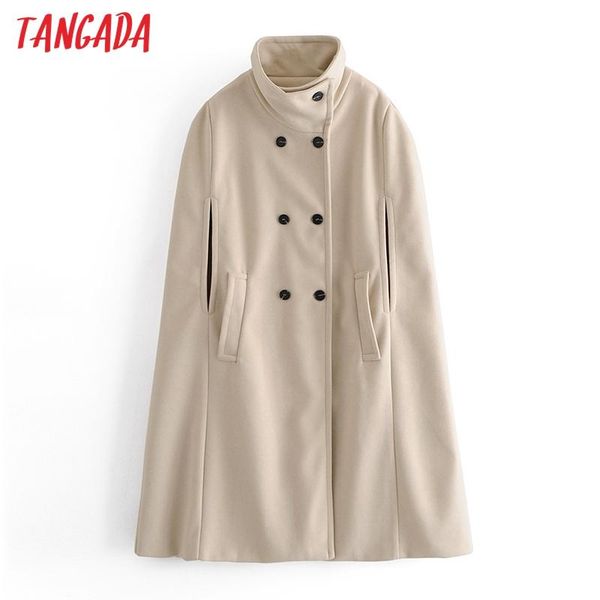 

women's wool & blends tangada women 2021 winter double breasted cape coat vintage side pockets female outerwear chic overcoat 3w40, Black