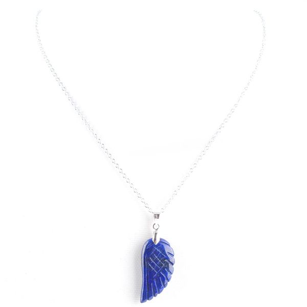 

wojiaer natural lapis lazuli gemstones necklace carved angel wings pendants plated silver reiki chakra jewelry 18 inch n3543