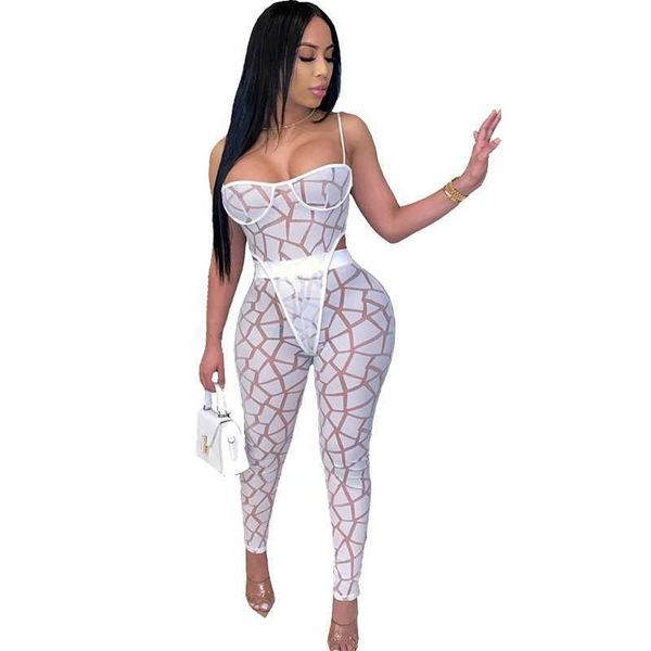 Sheer Malha 2 peças Set Mulheres Festival Roupas Beach Bodysuit Topo e Calças Terno 2 Peça Verão Conjuntos de Correspondência Sexy Club Outfits Y0702