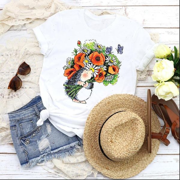 

women graphic flower summer animal short sleeve 90s cartoon fashion tees clothing female t shirt womens t shirt, White
