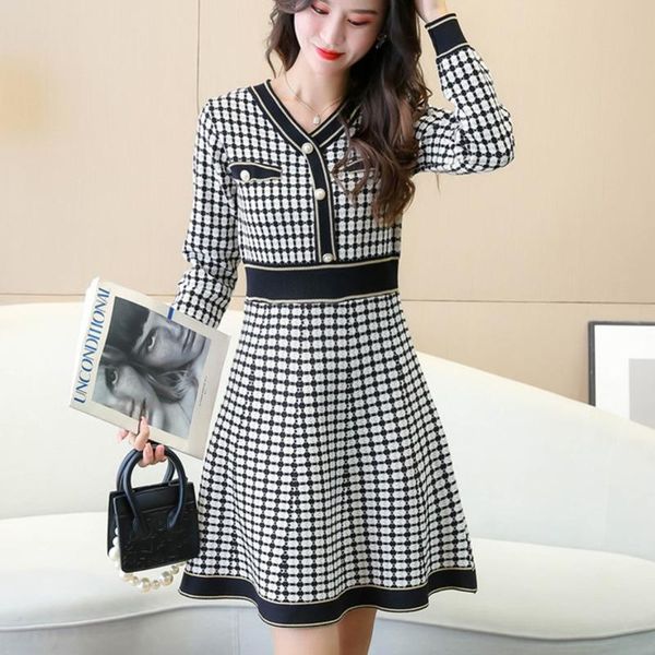 

casual dresses autumn winter women's plaid knitting dress high waist elegant fashion vintage sweater robe long sleeve mini vestido de, Black;gray
