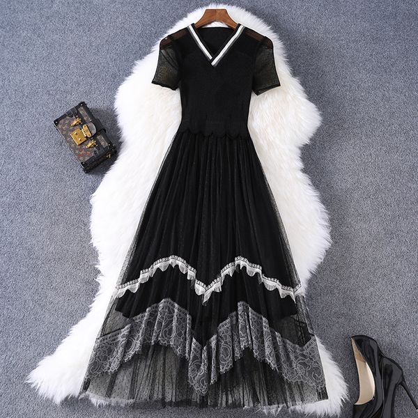 

2021 new superior quality summer casual long dresses high waist women autumn lace elastic party ladies holiday dress m1zo, Black;gray